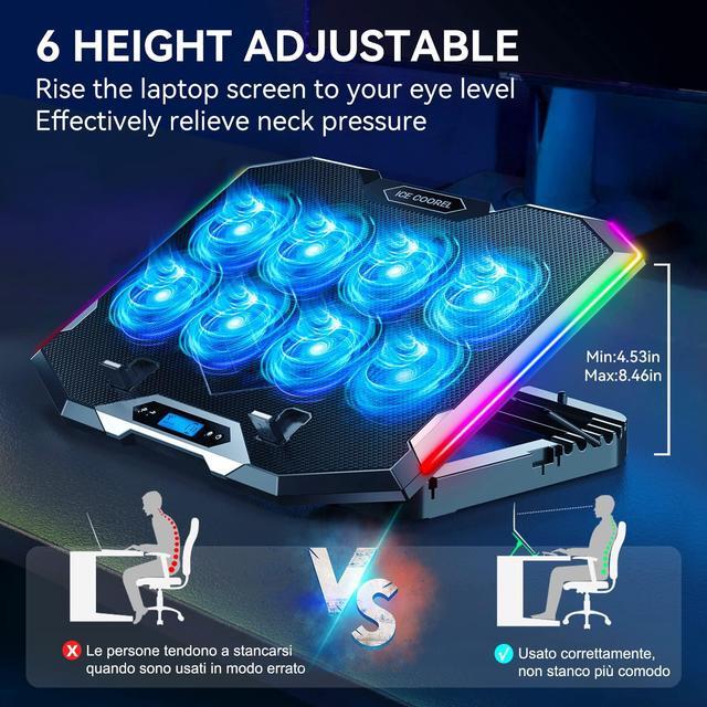 Alt view image 3 of 7 - Adiven Upgrade RGB Gaming Laptop Cooling Pad with 8 Cooling Fans, Laptop Fan Cooler Pad for 15-17.3'', Notebook Cooler Stand with 6 Height & Wind Speed Adjustable, RGB Cooling Pad with Two USB Port
