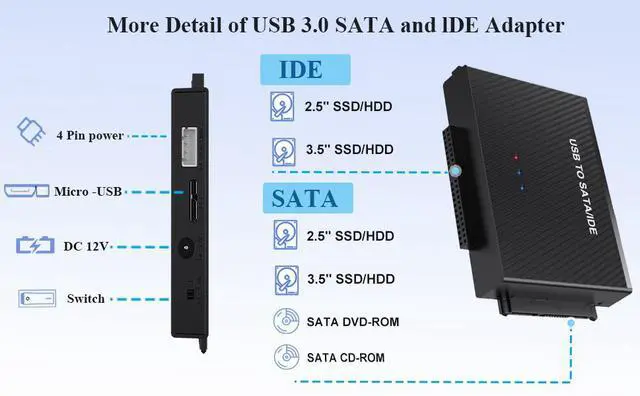 Alt view image 3 of 7 - 2026 Hard Drive Reader USB 3.0 to SATA IDE Adapter,IDE SATA to USB + Type C External Hard Drive Adapter Data Recovery Converter Kit for Universal 2.5 3.5 HDD SSD Hard Drive Disk,12V/2A Power Adapter
