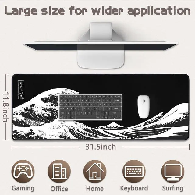 Alt view image 5 of 7 - Adiven Mouse Pad Gaming - Desk Mat for Keyboard and Mouse - Kanagawa Large Mouse Pad for Desk, Japanese Sea Wave Mousepad (31.5 x 11.8inch) with Non-Slip Base, Desks Pad Mat for Game, Office and Home