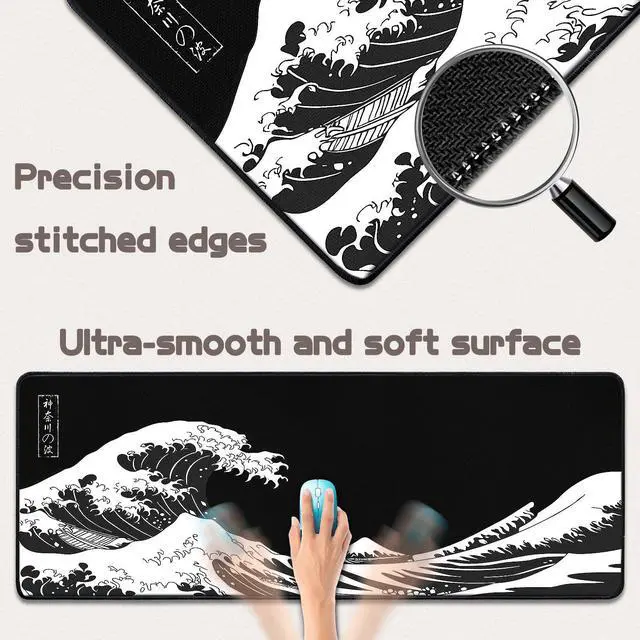 Alt view image 3 of 7 - Adiven Mouse Pad Gaming - Desk Mat for Keyboard and Mouse - Kanagawa Large Mouse Pad for Desk, Japanese Sea Wave Mousepad (31.5 x 11.8inch) with Non-Slip Base, Desks Pad Mat for Game, Office and Home