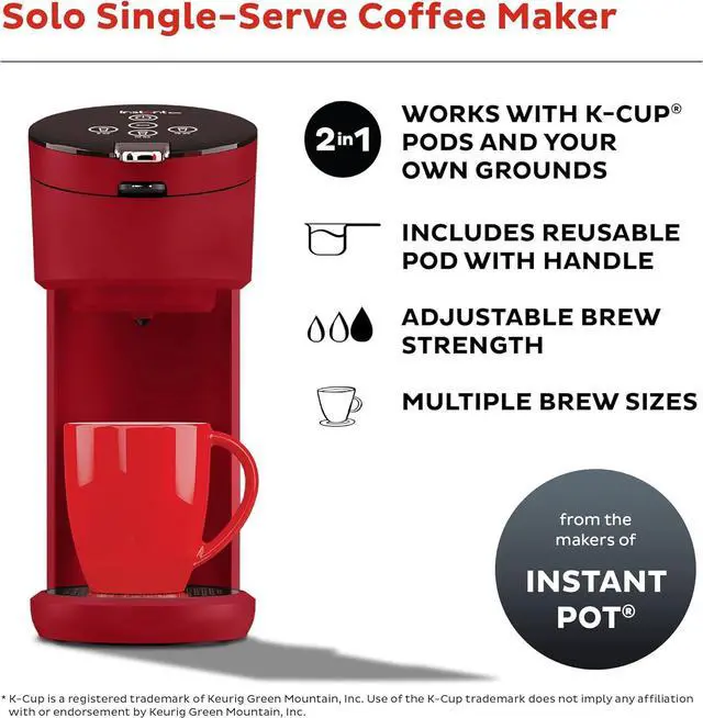 Alt view image 2 of 7 - Instant Solo Single Serve Coffee Maker, From the Makers of Pot, K-Cup Pod Compatible Brewer, Includes Reusable & Bold Setting, Brew 8 to 12oz., 40oz. Water Reservoir, Red