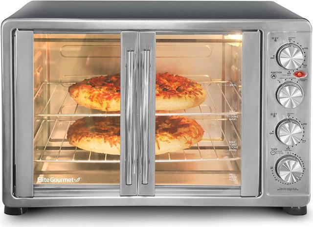 Elite Gourmet ETO4510B# Double French Door 4-Control Knobs Countertop  Convection Toaster Oven, Bake Broil Toast Rotisserie Keep Warm 14 Pizza  Includes 2 Racks, 18-Slice, 45L 