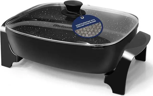 Main image of Elite Gourmet EG-6203# PFOA-Free 16"x 13"x3.2" / 10.5Qt Scratch Resistant, Easy-Pour Spout, Dishwasher Safe, Easy to Clean, Non-stick Electric Skillet with Glass Vented Lid, Trigger Release Probe