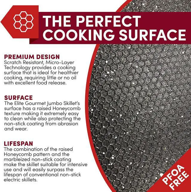 Alt view image 5 of 6 - Elite Gourmet EG-6203# PFOA-Free 16"x 13"x3.2" / 10.5Qt Scratch Resistant, Easy-Pour Spout, Dishwasher Safe, Easy to Clean, Non-stick Electric Skillet with Glass Vented Lid, Trigger Release Probe
