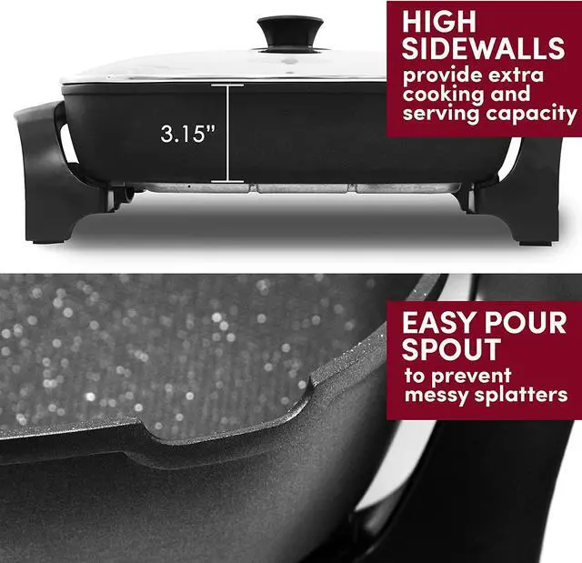 Alt view image 3 of 6 - Elite Gourmet EG-6203# PFOA-Free 16"x 13"x3.2" / 10.5Qt Scratch Resistant, Easy-Pour Spout, Dishwasher Safe, Easy to Clean, Non-stick Electric Skillet with Glass Vented Lid, Trigger Release Probe