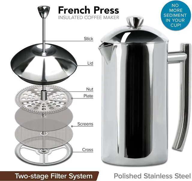 Alt view image 2 of 7 - Frieling Double-Walled Stainless Steel French Press Coffee Maker - 36 oz Polished & Insulated Press Pot - Stainless Steel Coffee Maker