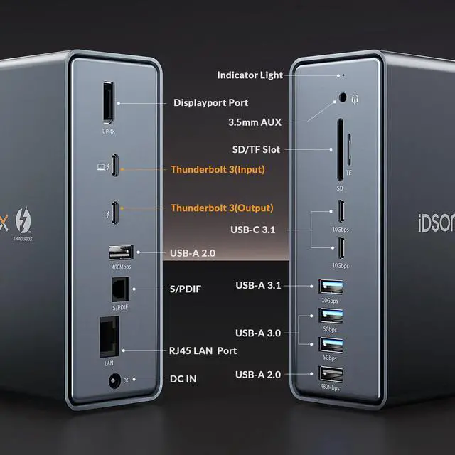 Alt view image 2 of 7 - iDsonix Thunderbolt 3 Dock for MacBook, 15 in 1 Thunderbolt 3 Docking Station Dual Monitor for Laptop with Thunderbolt 3 Port, HDMI 4K, USB A/C, 1000M Ethernet, 65W Power Adapter