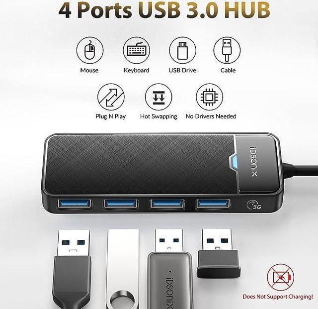 4-Port USB Hub 3.0 for Laptop - iDsonix USB 3.0 Hub 5Gbps Multiport Adapter  Portable Travel, USB Hub for MacBook Air Por Windows/Mac OS, Linux Flash