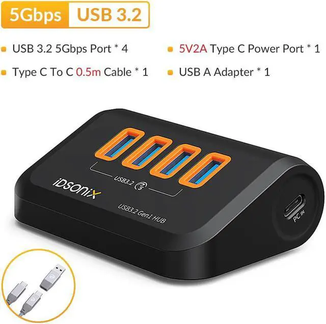 Alt view image 2 of 7 - iDsonix USB Hub 3.0[5Gbps Stable Transfer], iDsonix 4 Ports USB Hub 1.6ft Type A&C 2 Connectors, USB Splitter Extra USB Ports for Laptops,Surface,Xbox,iMac,MacBook,PS5/PS4,Flash Drive,Keyborad,Mouse