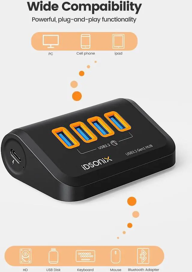 Alt view image 5 of 7 - iDsonix USB Hub 3.0[5Gbps Stable Transfer], iDsonix 4 Ports USB Hub 1.6ft Type A&C 2 Connectors, USB Splitter Extra USB Ports for Laptops,Surface,Xbox,iMac,MacBook,PS5/PS4,Flash Drive,Keyborad,Mouse