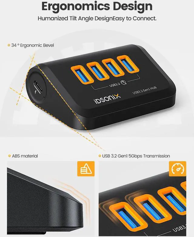 Alt view image 7 of 7 - iDsonix USB Hub 3.0[5Gbps Stable Transfer], iDsonix 4 Ports USB Hub 1.6ft Type A&C 2 Connectors, USB Splitter Extra USB Ports for Laptops,Surface,Xbox,iMac,MacBook,PS5/PS4,Flash Drive,Keyborad,Mouse