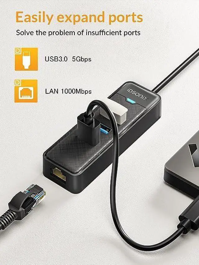 Alt view image 2 of 6 - USB C to Ethernet Adapter, iDsonix 3-Port USB 3.0 Hub 5Gbps with RJ45 10/100/1000 Gigabit Ethernet Adapter for MacBook Laptop, Support Windows, Mac OS, Surface Pro, Linux