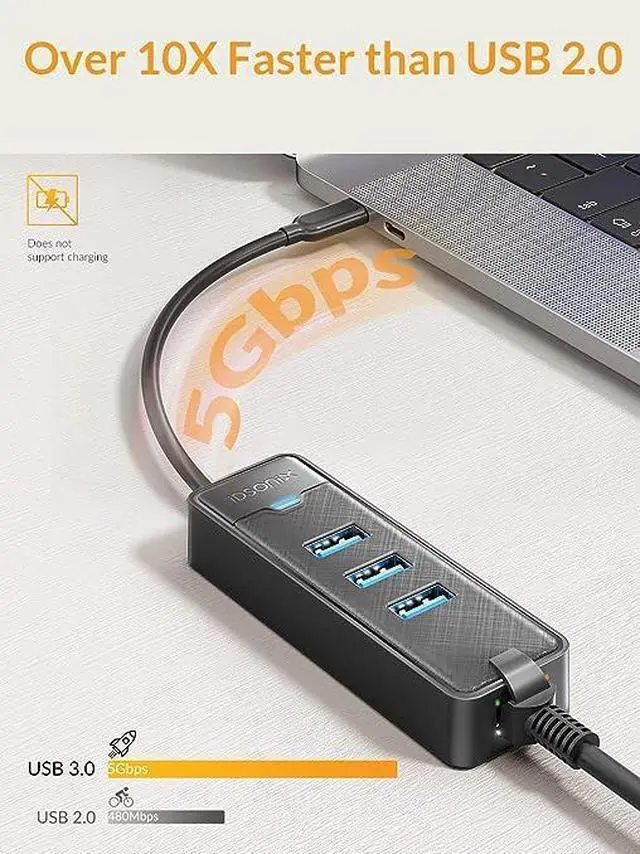 Alt view image 4 of 6 - USB C to Ethernet Adapter, iDsonix 3-Port USB 3.0 Hub 5Gbps with RJ45 10/100/1000 Gigabit Ethernet Adapter for MacBook Laptop, Support Windows, Mac OS, Surface Pro, Linux