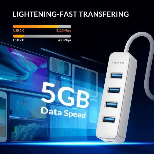 Alt view image 2 of 6 - idsonix 4-Port USB 3.0 Hub Multi High Speed HUB Splitter Expansion PC Macbook White
