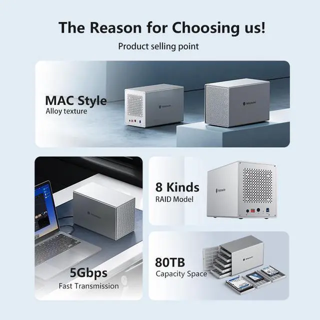 Alt view image 6 of 7 - Yottamaster 5 Bay RAID External Hard Drive Enclosure, Aluminum USB RAID Enclosure for 2.5/3.5 Inch SATA HDD SSD Support 5 x 16TB, Mac Style Direct Attached Storage (DAS)