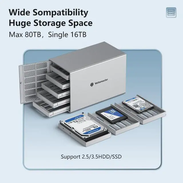 Alt view image 3 of 7 - Yottamaster 5 Bay RAID External Hard Drive Enclosure, Aluminum USB RAID Enclosure for 2.5/3.5 Inch SATA HDD SSD Support 5 x 16TB, Mac Style Direct Attached Storage (DAS)