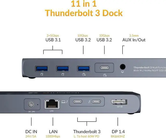 Alt view image 2 of 7 - iDsonix Thunderbolt 3 Docking Station USB C Thunderbolt 3 Dock 8K@60HZ & Dual 4K@60HZ Display with 60W Charging for Mac and Windows Laptops, NVMe&SATA M.2 Slots, USB3.2 DP Aux Ethernet