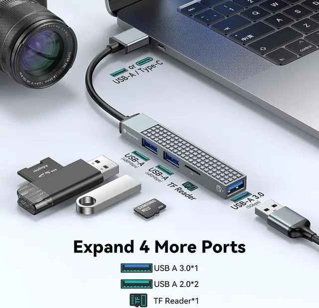 Alt view image 2 of 7 - Yottamaster USB C Hub, 4-in-1 USB C Adapter, Ultra Slim Data Hub with USB A 3.0*1/USB A 2.0*2/TF Card Ports, Compatible with Windows/Mac OS/Android USB-C to USB 3.0