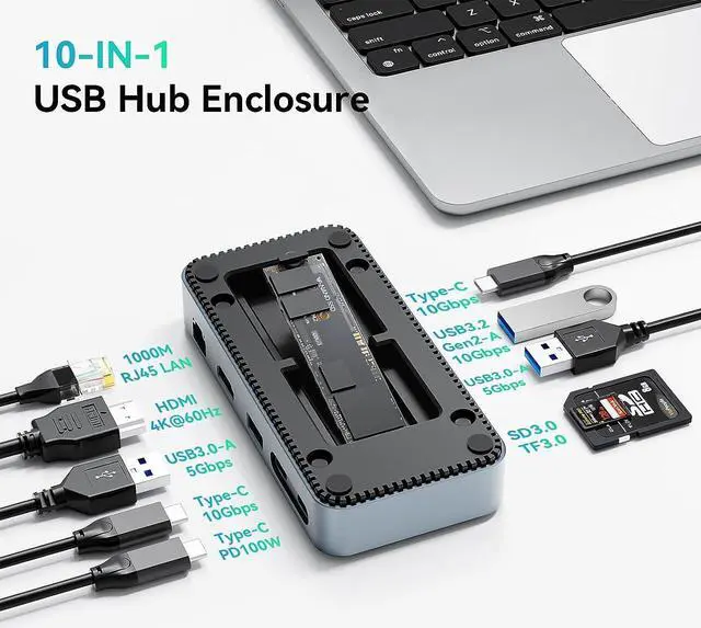 Alt view image 2 of 7 - Yottamaster USB C Hub with SSD Enclosure,10-in-1 USB-C Docking Station for M.2 PCIe NVMe/SATA SSD,10Gbps USB 3.2 Gen2, 4K@60Hz HDMI,100W PD, SD/TF3.0 Card Reader,Ethernet,Support 4TB for Windows,Mac