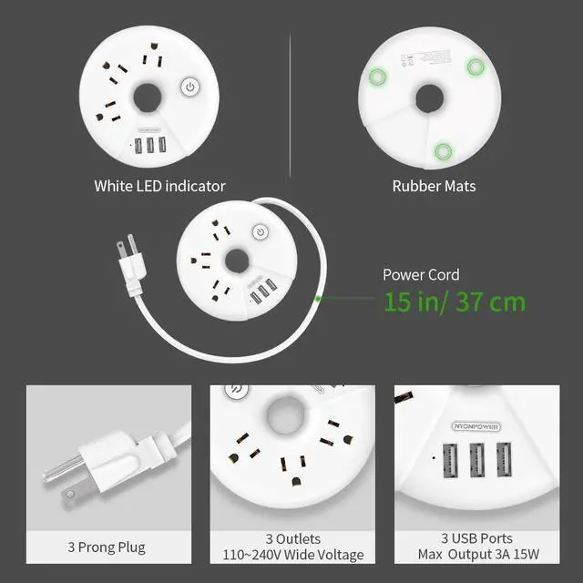 Alt view image 3 of 7 - Travel Power Strip, NTONPOWER 3 Outlets 3 USB Portable Desktop Charging Station Short Extension Cord 15 inches for Office, Home, Hotels, Cruise Ship, Nightstand, White