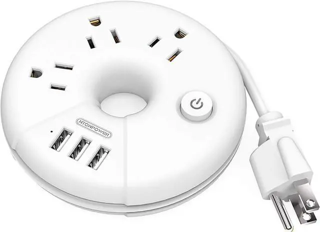Main image of Travel Power Strip, NTONPOWER 3 Outlets 3 USB Portable Desktop Charging Station Short Extension Cord 15 inches for Office, Home, Hotels, Cruise Ship, Nightstand, White