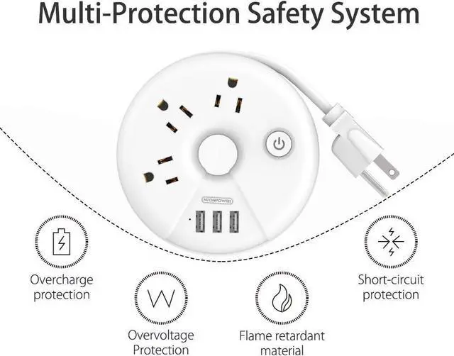 Alt view image 4 of 7 - Travel Power Strip, NTONPOWER 3 Outlets 3 USB Portable Desktop Charging Station Short Extension Cord 15 inches for Office, Home, Hotels, Cruise Ship, Nightstand, White