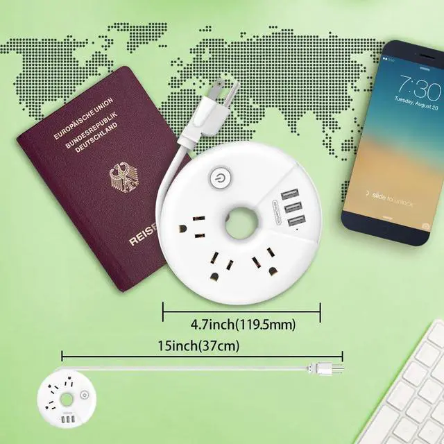 Alt view image 2 of 7 - Travel Power Strip, NTONPOWER 3 Outlets 3 USB Portable Desktop Charging Station Short Extension Cord 15 inches for Office, Home, Hotels, Cruise Ship, Nightstand, White