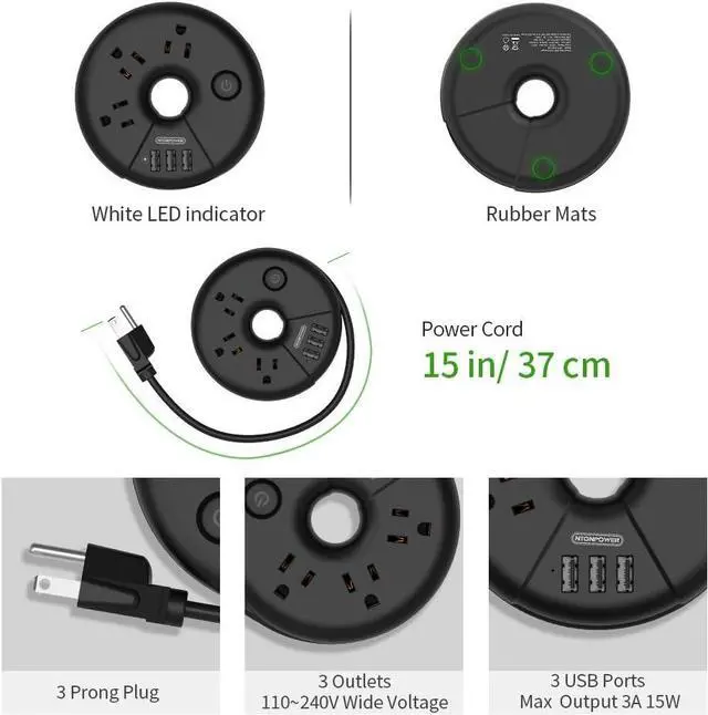 Alt view image 6 of 7 - Travel Power Strip, NTONPOWER Portable Charging Station 3 USB Without Surge Protector Short Extension Cord 15 inches Compact for Home, Office, Cruise Ships, Business Trip, Hotels, Black