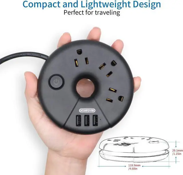 Alt view image 2 of 7 - Travel Power Strip, NTONPOWER Portable Charging Station 3 USB Without Surge Protector Short Extension Cord 15 inches Compact for Home, Office, Cruise Ships, Business Trip, Hotels, Black