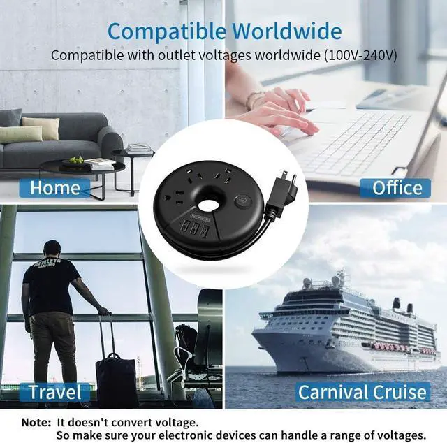 Alt view image 7 of 7 - Travel Power Strip, NTONPOWER Portable Charging Station 3 USB Without Surge Protector Short Extension Cord 15 inches Compact for Home, Office, Cruise Ships, Business Trip, Hotels, Black