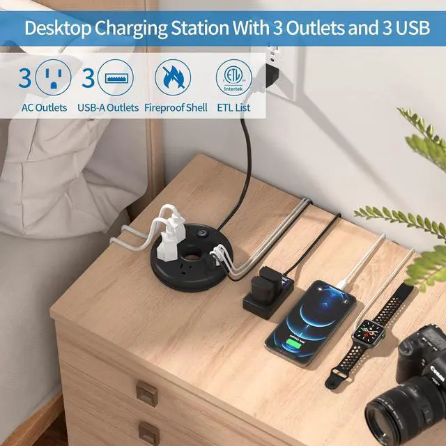 Alt view image 3 of 7 - Travel Power Strip, NTONPOWER Portable Charging Station 3 USB Without Surge Protector Short Extension Cord 15 inches Compact for Home, Office, Cruise Ships, Business Trip, Hotels, Black