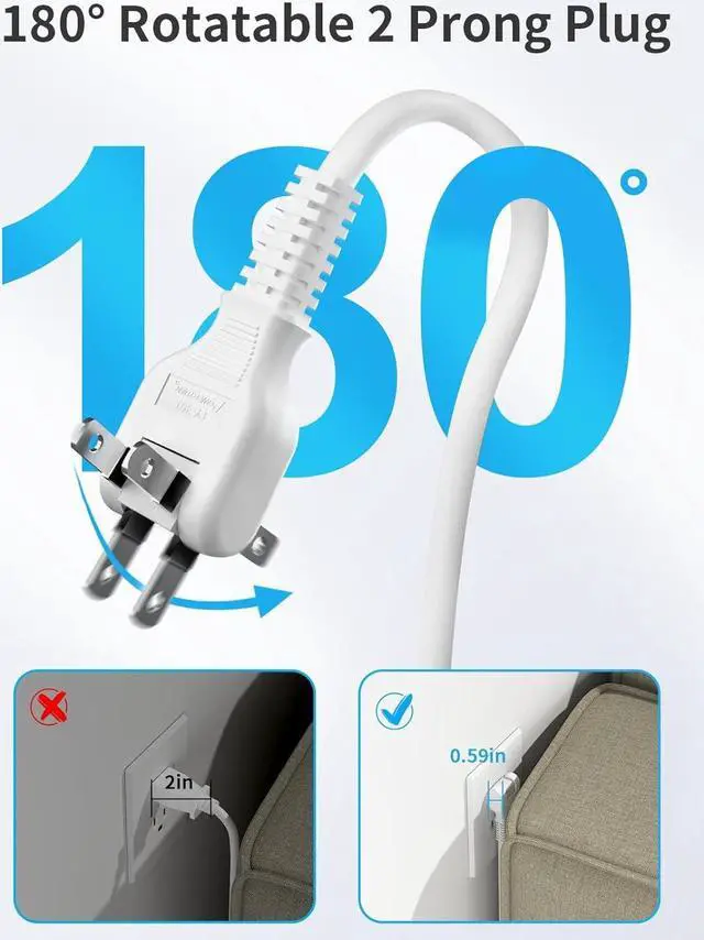 Alt view image 3 of 7 - NTONPOWER 2 Prong Power Strip, 1875W/15A, 180° Rotating Plug, Two Prong Power Strip, 2 Prong to 3 Prong Outlet Adapter, 3 Outlets 2 USB, 5 ft Extension Cord, ETL Listed, Ideal for Old House White