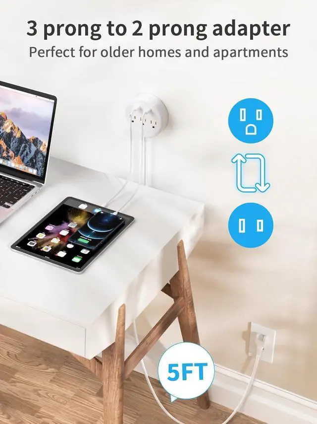 Alt view image 2 of 7 - NTONPOWER 2 Prong Power Strip, 1875W/15A, 180° Rotating Plug, Two Prong Power Strip, 2 Prong to 3 Prong Outlet Adapter, 3 Outlets 2 USB, 5 ft Extension Cord, ETL Listed, Ideal for Old House White