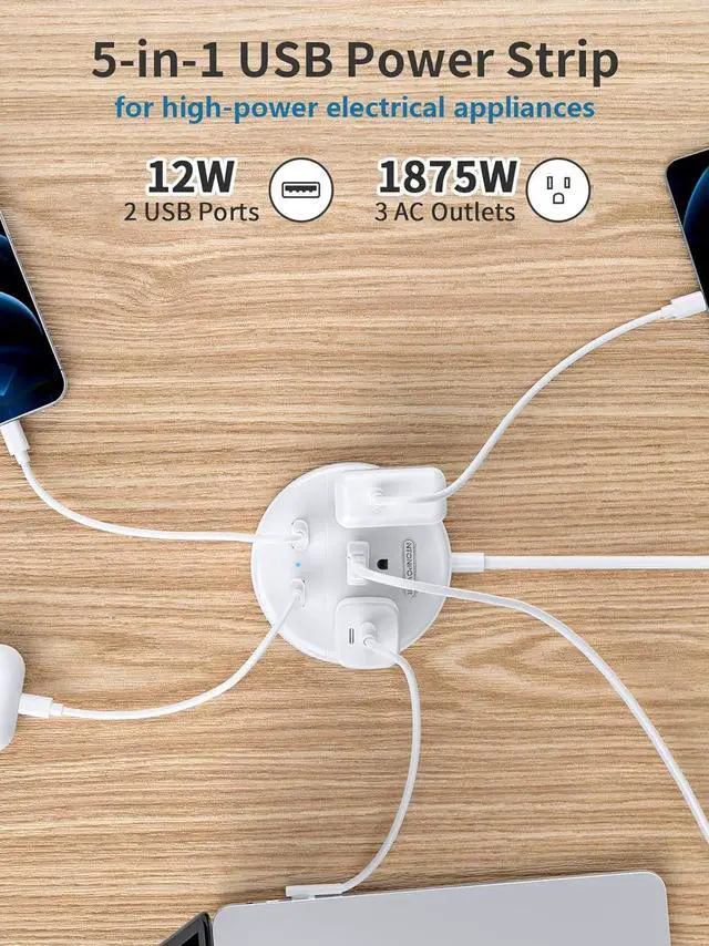 Alt view image 7 of 7 - NTONPOWER 2 Prong Power Strip, 1875W/15A, 180° Rotating Plug, Two Prong Power Strip, 2 Prong to 3 Prong Outlet Adapter, 3 Outlets 2 USB, 5 ft Extension Cord, ETL Listed, Ideal for Old House White