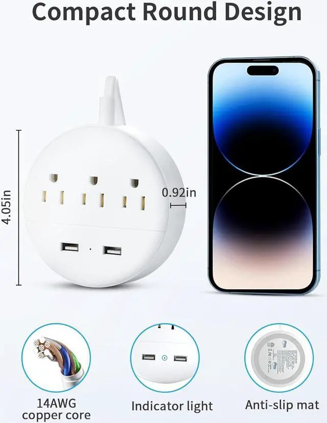 Alt view image 4 of 7 - NTONPOWER 2 Prong Power Strip, 1875W/15A, 180° Rotating Plug, Two Prong Power Strip, 2 Prong to 3 Prong Outlet Adapter, 3 Outlets 2 USB, 5 ft Extension Cord, ETL Listed, Ideal for Old House White