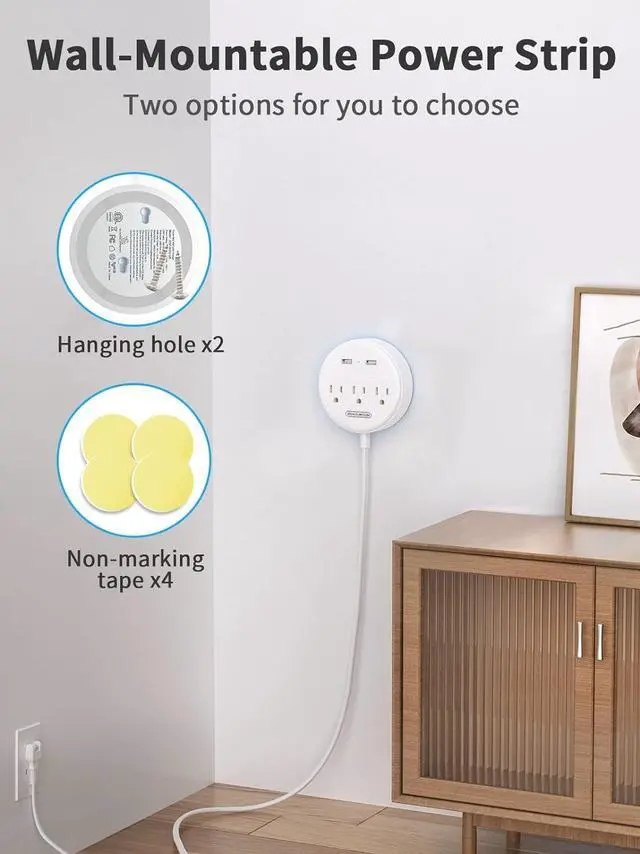 Alt view image 3 of 7 - NTONPOWER 2 Prong Power Strip, 9.8ft Extension Cord with Polarized Plug, 3 Prong to 2 Prong Outlet Adapter, 3 Outlets 2 USB Charging Ports, Wall Mountable, Ideal for Old House Non-Grounded Outlets