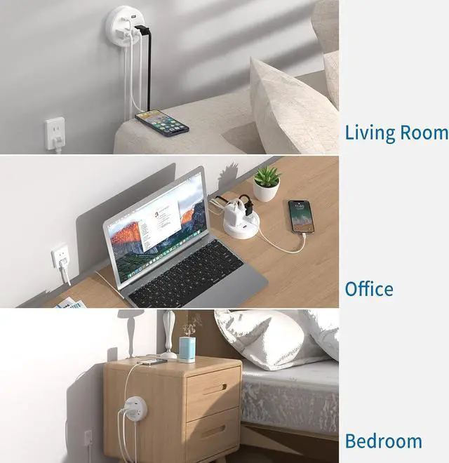 Alt view image 6 of 7 - NTONPOWER 2 Prong Power Strip, 9.8ft Extension Cord with Polarized Plug, 3 Prong to 2 Prong Outlet Adapter, 3 Outlets 2 USB Charging Ports, Wall Mountable, Ideal for Old House Non-Grounded Outlets