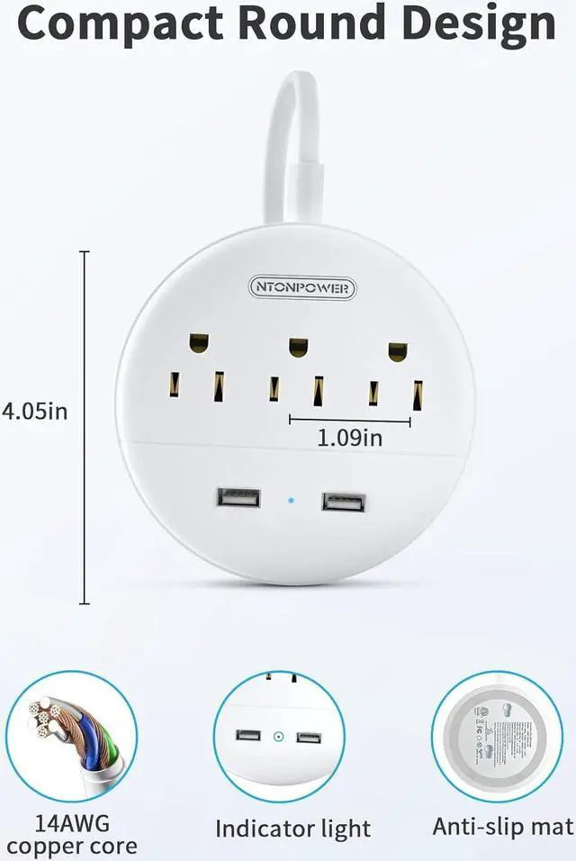 Alt view image 2 of 7 - NTONPOWER 2 Prong Power Strip, 9.8ft Extension Cord with Polarized Plug, 3 Prong to 2 Prong Outlet Adapter, 3 Outlets 2 USB Charging Ports, Wall Mountable, Ideal for Old House Non-Grounded Outlets