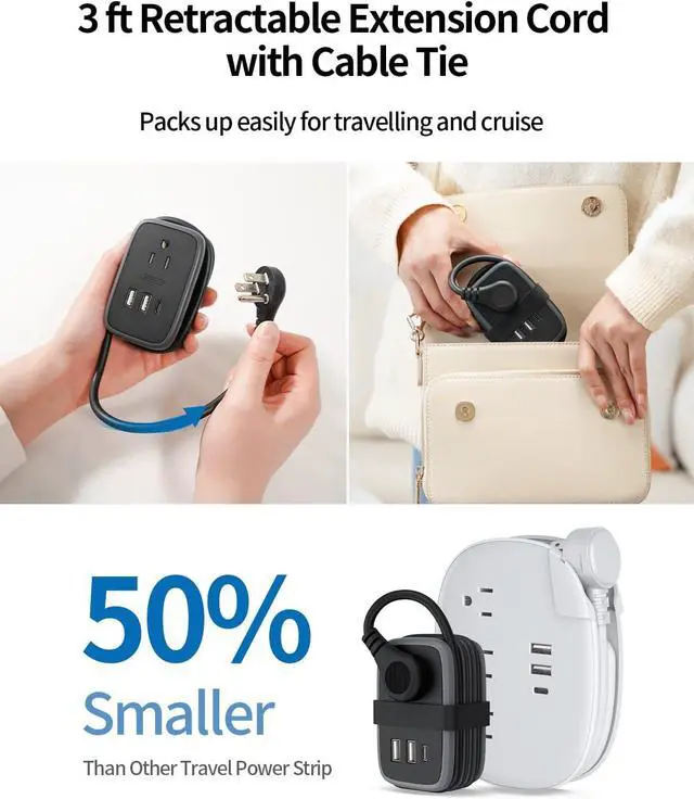 Alt view image 2 of 7 - 2 Pack USB C Travel Power Strip, 3 ft Wrapped Around Extension Cord with 2 Outlets 3 USB(1 USB C), Ultra Flat Plug, Cruise Approved, Compact Size for Travel and Home Office Hotel, Travel Essentials