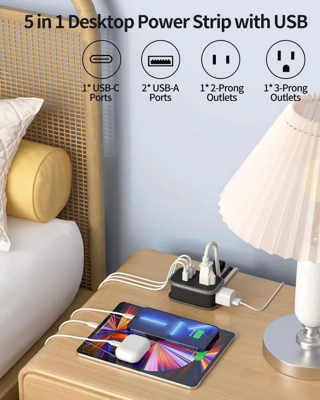 Alt view image 4 of 7 - 2 Pack USB C Travel Power Strip, 3 ft Wrapped Around Extension Cord with 2 Outlets 3 USB(1 USB C), Ultra Flat Plug, Cruise Approved, Compact Size for Travel and Home Office Hotel, Travel Essentials