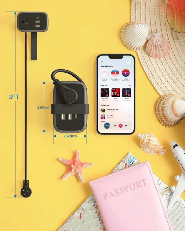 Alt view image 7 of 7 - 2 Pack USB C Travel Power Strip, 3 ft Wrapped Around Extension Cord with 2 Outlets 3 USB(1 USB C), Ultra Flat Plug, Cruise Approved, Compact Size for Travel and Home Office Hotel, Travel Essentials