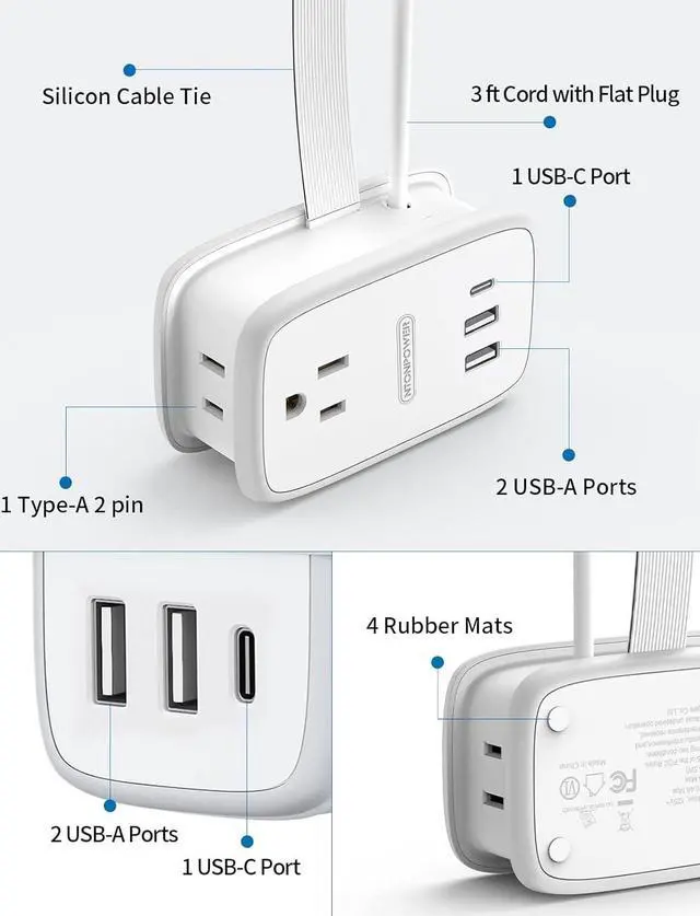 Alt view image 7 of 7 - 2 Pack Power Strip with USB C Ports, 2 Outlets 3 USB Ports, NTONPOWER Small Power Strip with 3ft Short Extension Cord Retractable, Compact Size for Travel Home Office Hotel Cruise Essentials, White
