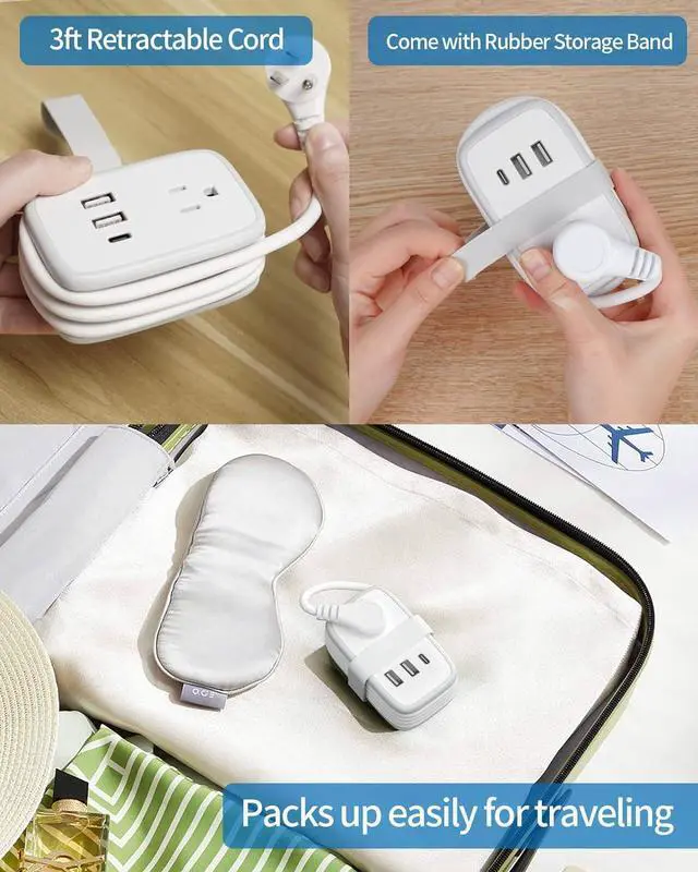 Alt view image 5 of 7 - 2 Pack Power Strip with USB C Ports, 2 Outlets 3 USB Ports, NTONPOWER Small Power Strip with 3ft Short Extension Cord Retractable, Compact Size for Travel Home Office Hotel Cruise Essentials, White