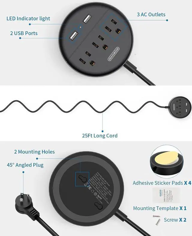 Alt view image 2 of 7 - Extension Cord 25 ft, NTONPOWER Flat Plug Power Strip with USB, 3 Outlet 2 USB Desktop Charging Station, Wall Mount Power Strip for Home Office, Black