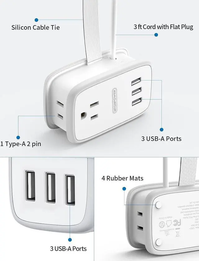 Alt view image 2 of 7 - Travel Power Strip with USB Ports, NTONPOWER 2 Widely Outlets 3 USB with 3FT Short Extension Cord Flat Plug, Mini Power Strip Flat Plug, Portable Small Size for Travel Cruise Essentials, White
