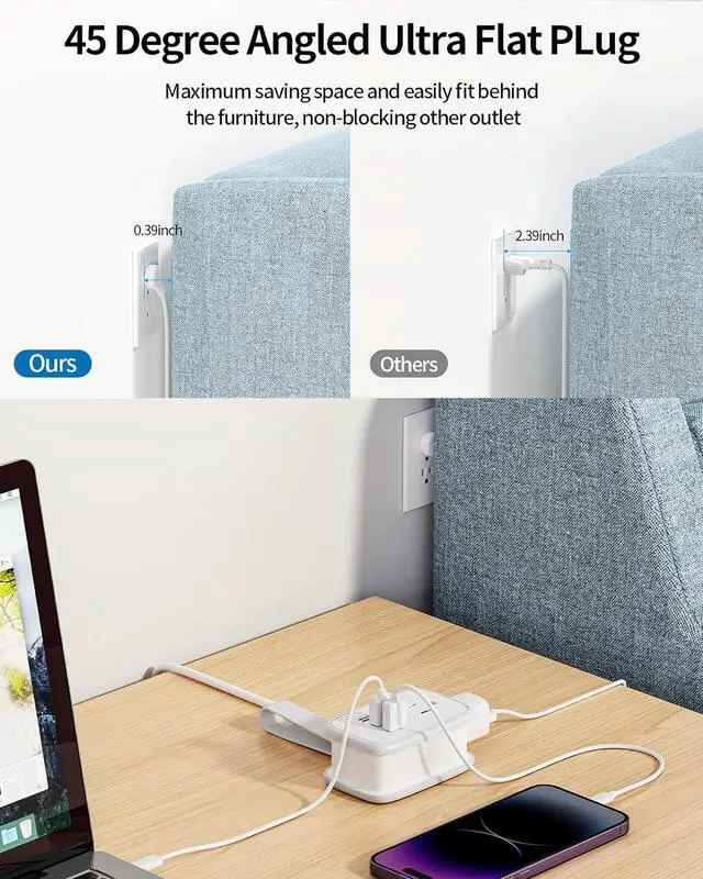 Alt view image 7 of 7 - Travel Power Strip with USB Ports, NTONPOWER 2 Widely Outlets 3 USB with 3FT Short Extension Cord Flat Plug, Mini Power Strip Flat Plug, Portable Small Size for Travel Cruise Essentials, White