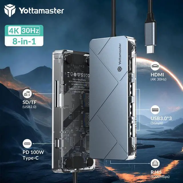 Alt view image 4 of 4 - Yottamaster USB C Hub Docking Station PD100W 4K HDMI RJ45 VGA SD For MacBook Air