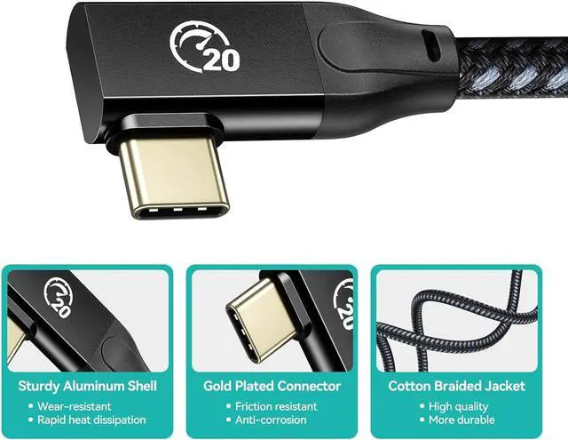 Alt view image 5 of 7 - Yottamaster USBC to USB C Cable Right Angle[20Gbps, 100W, 3M], USB3.2X2 Type-C Cable Right Angle with E-Marker Support 4K@60Hz, Fully Compatible with Phone/Laptop/Tablet/Switch USB C Device [10ft/3m]