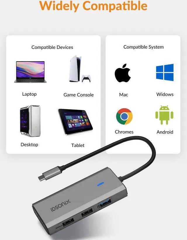 Alt view image 6 of 6 - iDsonix 5-in-1 Aluminum USB C Hub Docking Station with 4K HDMI, 60W Power Delivery, USB 3.0 5Gbps Data Ports, for MacBook Air/Pro, iPad, HP, Dell and More (Grey)