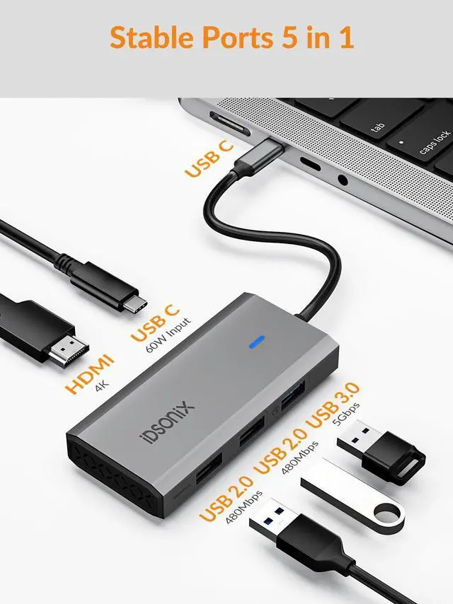 Alt view image 3 of 6 - iDsonix 5-in-1 Aluminum USB C Hub Docking Station with 4K HDMI, 60W Power Delivery, USB 3.0 5Gbps Data Ports, for MacBook Air/Pro, iPad, HP, Dell and More (Grey)